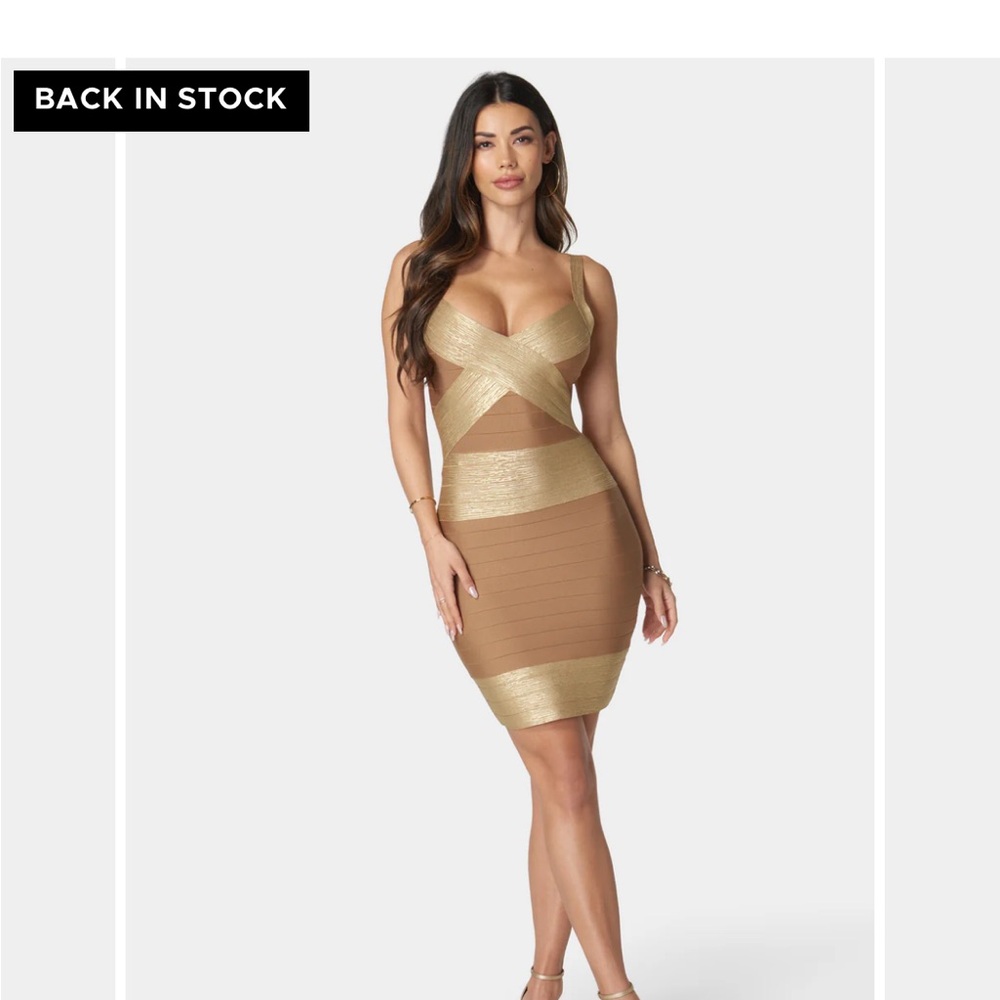 Bebe COLOR BLOCK BANDAGE DRESS in Metallic Gold and Nude **SOLD OUT**